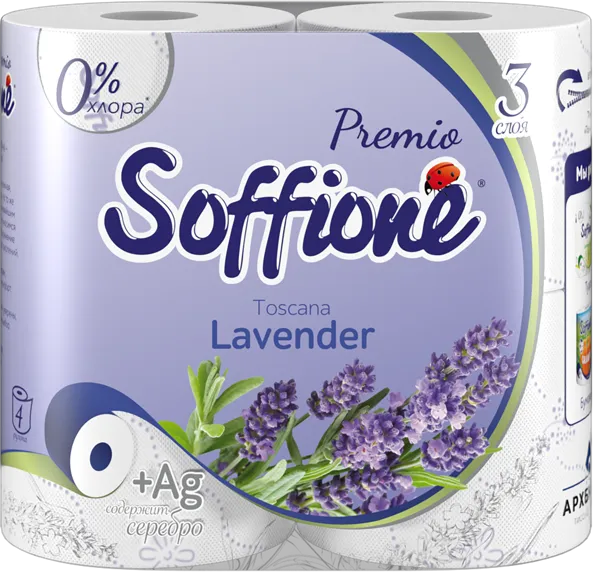 Изображение Туалетная бумага 3х слойная Соффионе премиум лаванда 140 листов Архбум м/у, 4 шт