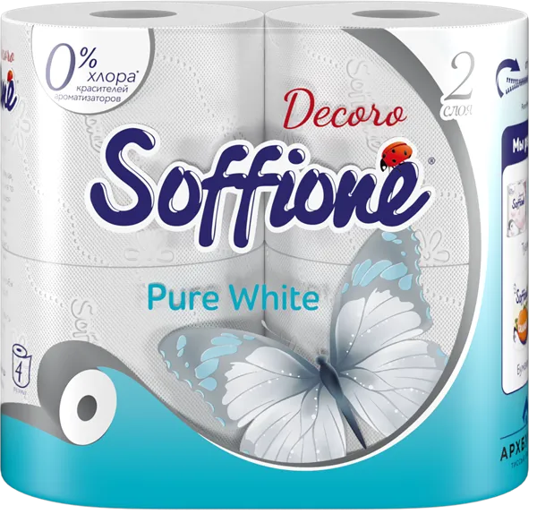 Изображение Туалетная бумага 2х слойная Соффионе пью вайт 150 листов Архбум м/у, 4 шт