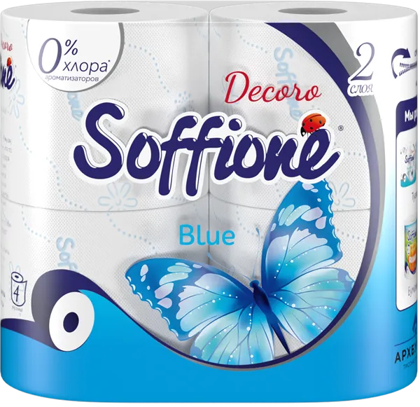 Изображение Туалетная бумага 2х слойная Соффионе декоро блю 150 листов Архбум м/у, 4 шт