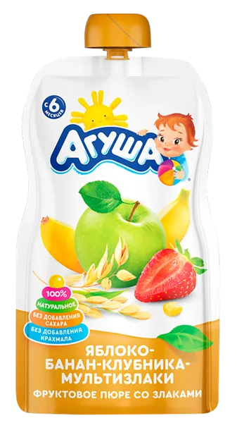 Изображение Пюре фруктовое с 6 мес Агуша яблоко клубника малина ВБД пауч, 90 г
