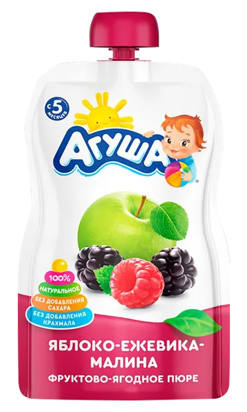 Изображение Пюре фруктовое с 6 мес Агуша яблоко малина ежевика ВБД пауч, 90 г
