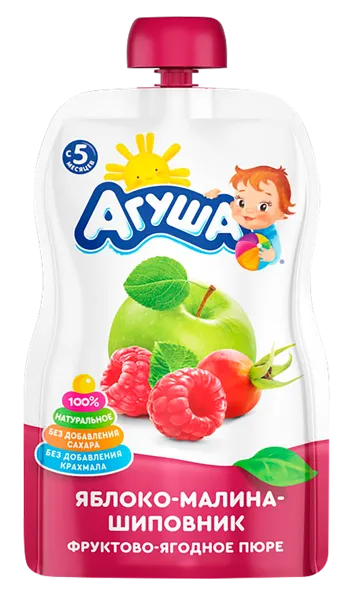 Изображение Пюре фруктовое с 5 мес Агуша яблоко малина шиповник ВБД пауч, 90 г