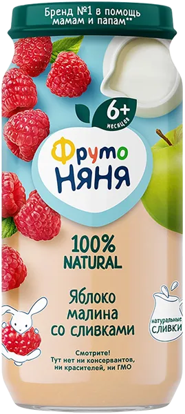 Изображение Пюре фруктовое с 6 мес Фрутоняня сливки яблоко малина Прогресс с/б, 250 г